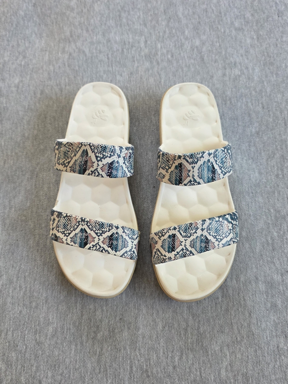 White Slide Sandals with Blue Snake-Print Straps